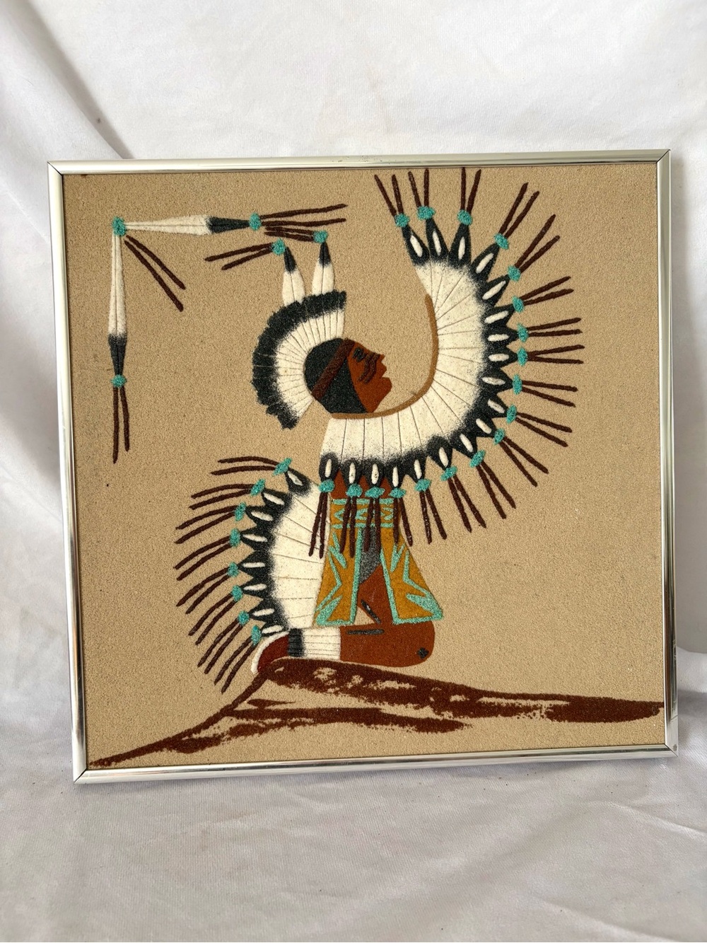 Vintage Native American sand art wall hanging home decor framed southwest